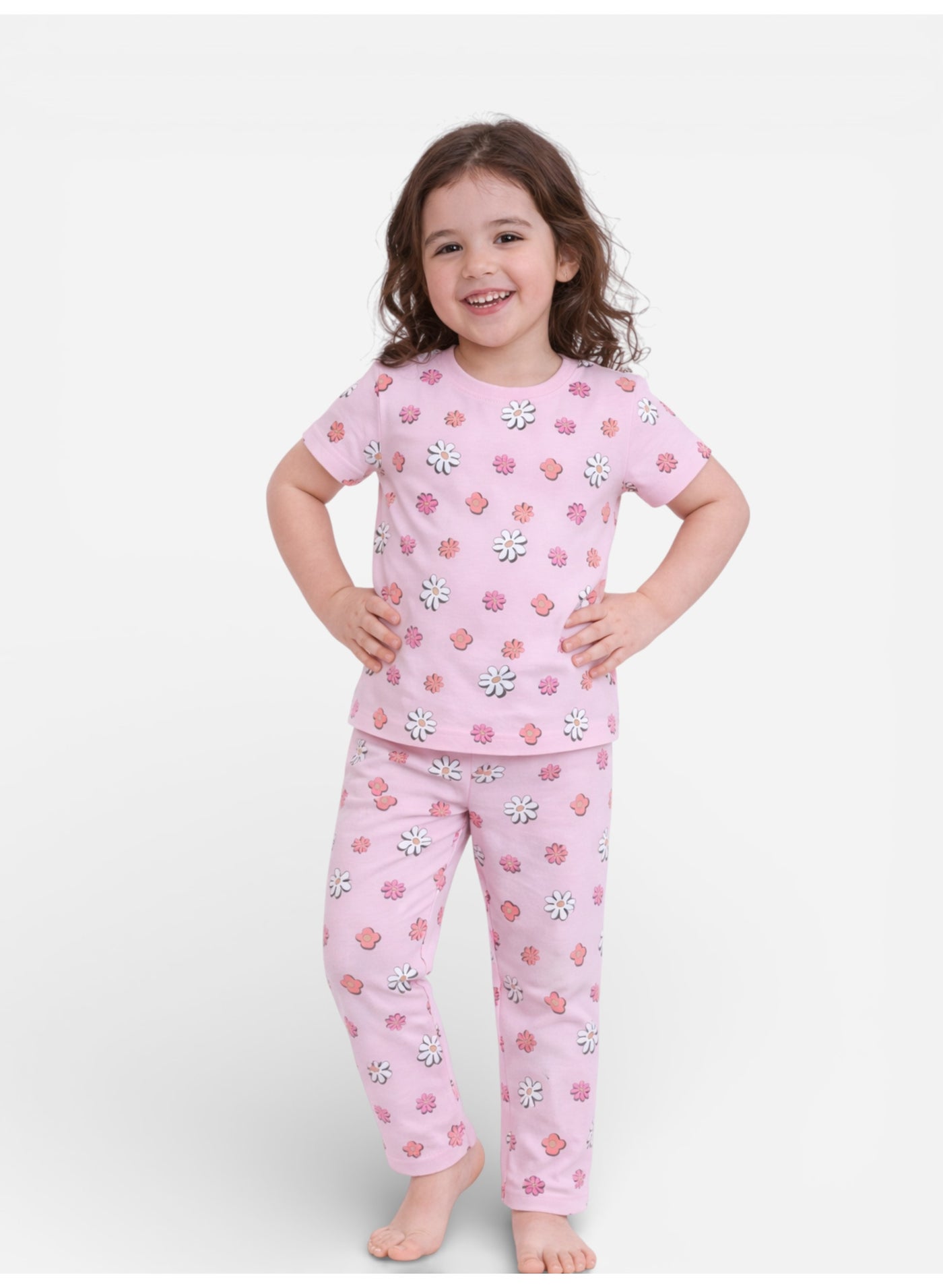 victor and jane Girls Floral Print Cotton Pajama Set – T-Shirt & Full Pants Nightwear